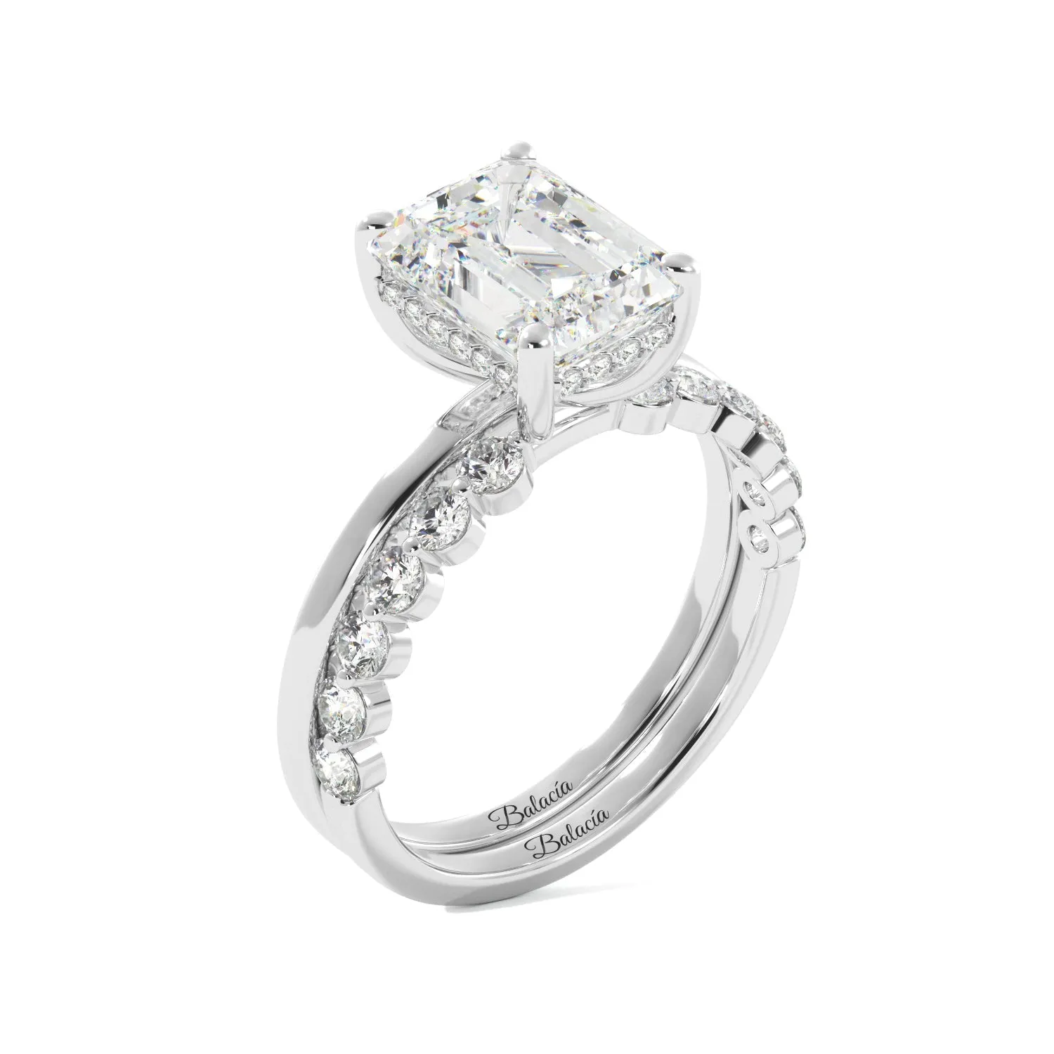 Emerald Cut with Hidden Halo Engagement Ring Set