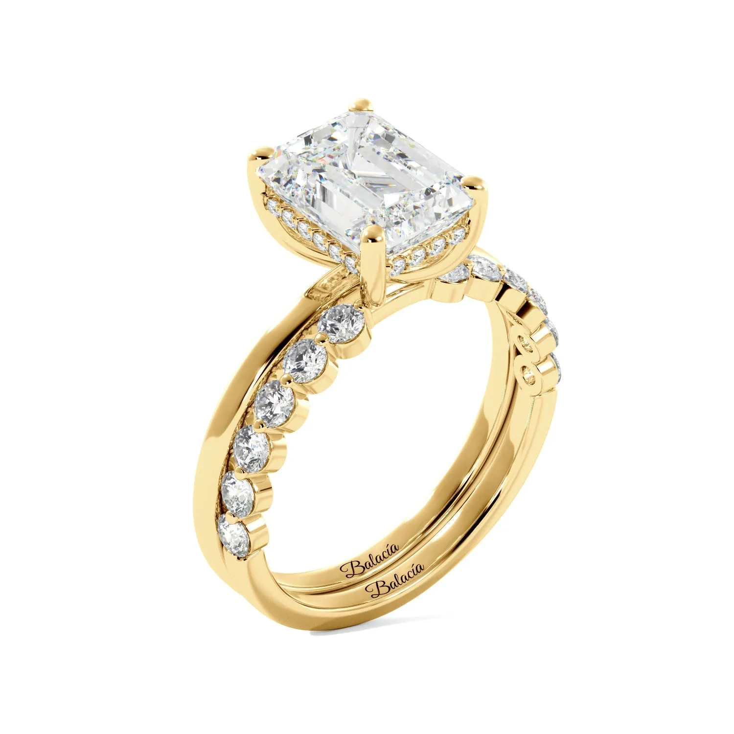 Emerald Cut with Hidden Halo Engagement Ring Set