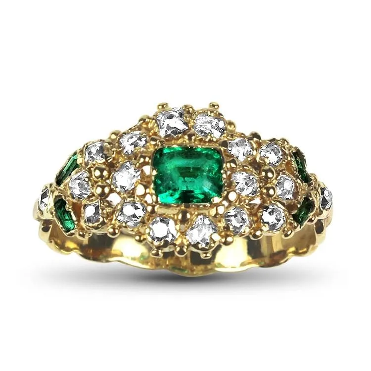 Estate Yellow Gold Emerald and Diamond Cluster Ring