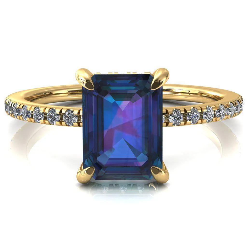 Ezili Emerald Alexandrite 4 Claw Prong Micro Pave Diamond Sides Engagement Ring