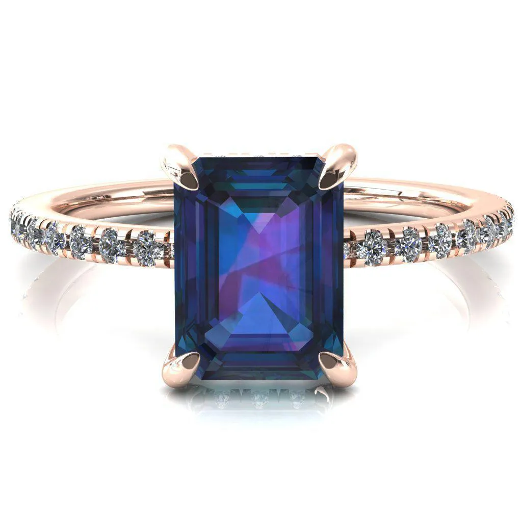 Ezili Emerald Alexandrite 4 Claw Prong Micro Pave Diamond Sides Engagement Ring