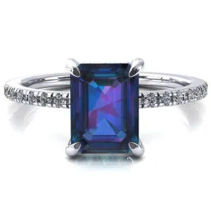 Ezili Emerald Alexandrite 4 Claw Prong Micro Pave Diamond Sides Engagement Ring