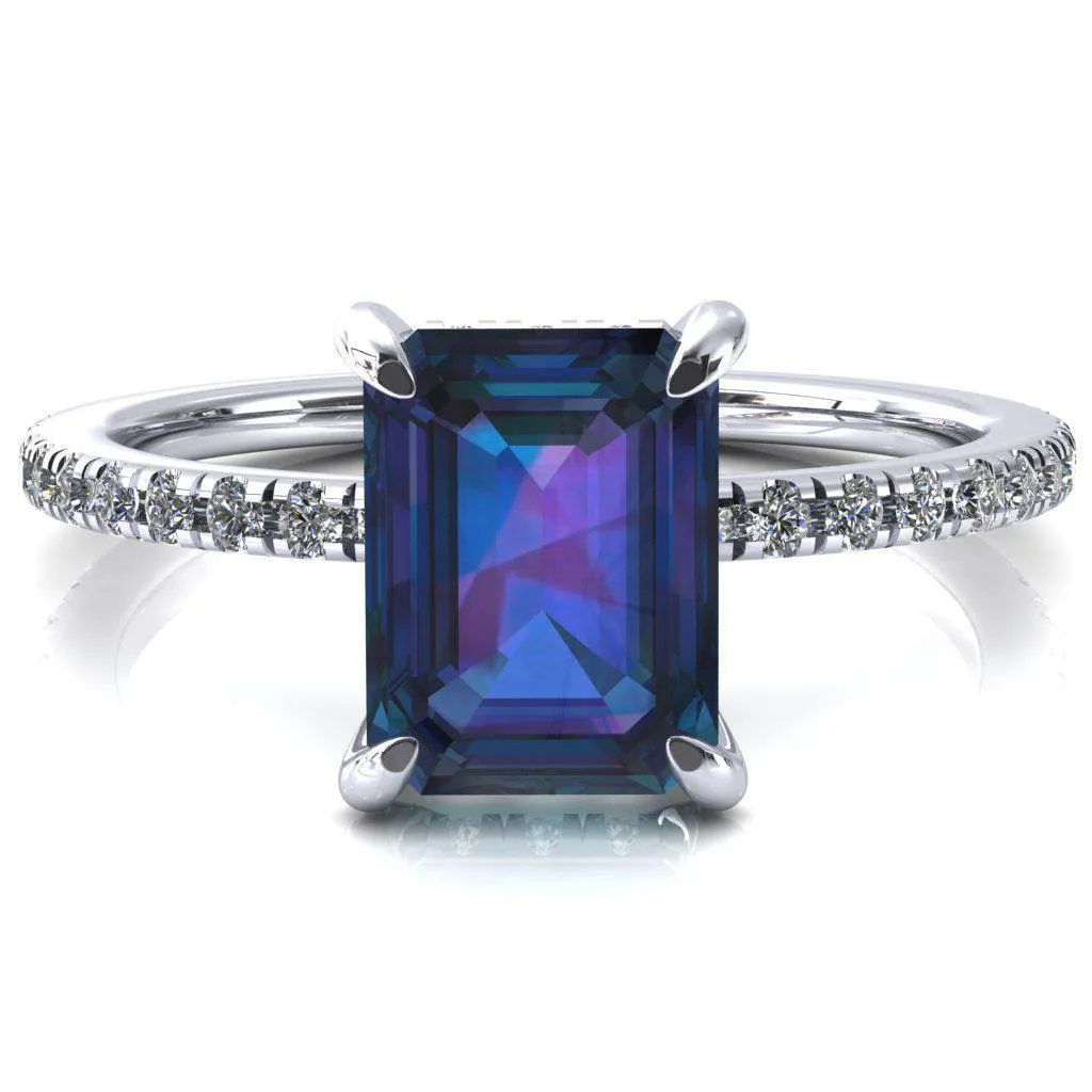 Ezili Emerald Alexandrite 4 Claw Prong Micro Pave Diamond Sides Engagement Ring