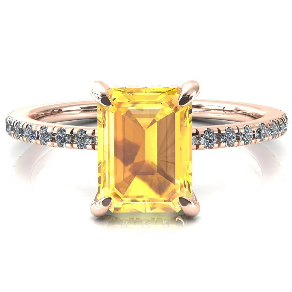 Ezili Emerald Yellow Sapphire 4 Claw Prong Micro Pave Diamond Sides Engagement Ring