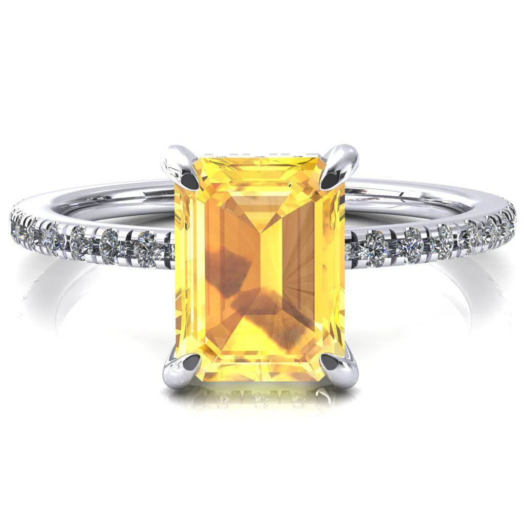 Ezili Emerald Yellow Sapphire 4 Claw Prong Micro Pave Diamond Sides Engagement Ring