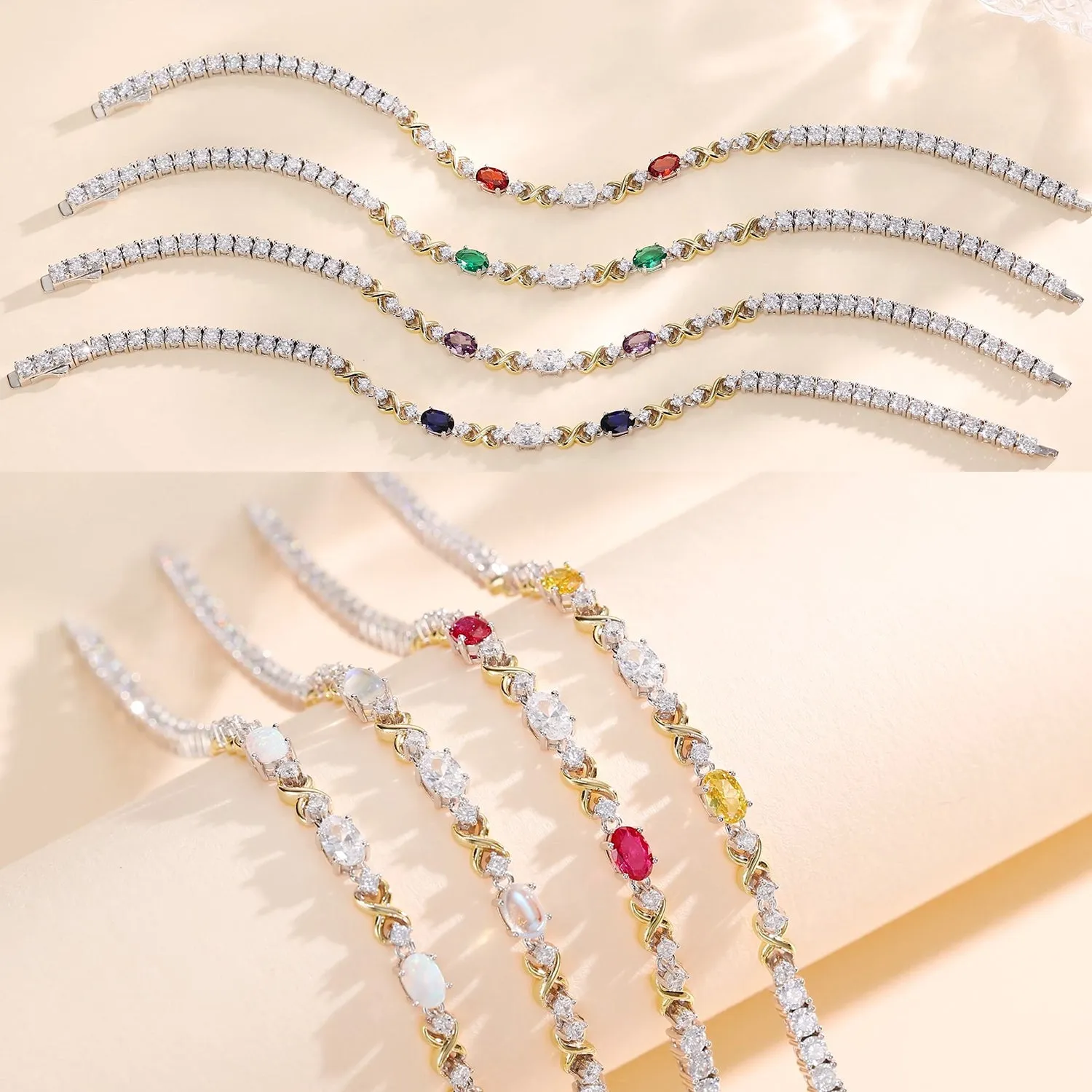 FANCIME "Eternal Duo" May Birthstone Emerald Sterling Silver Tennis Bracelets