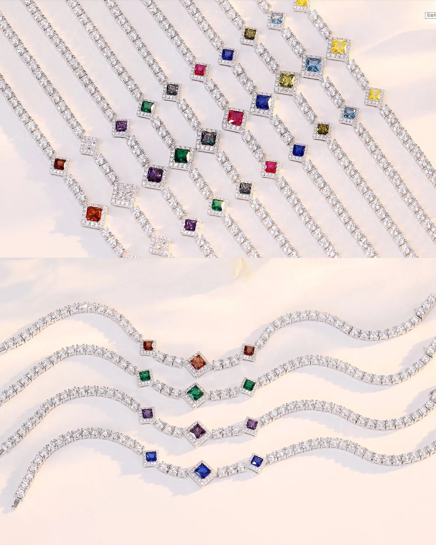 FANCIME "Square Sparkle" January Birthstone Garnet Sterling Silver Tennis Bracelets