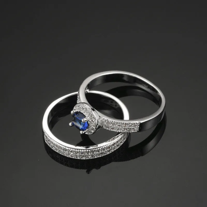 Fashion 18K White Gold Plated Sapphire Ring Set Fashion Wedding & Engagement Ring Set Jewelry For Women with Austrian Crystal