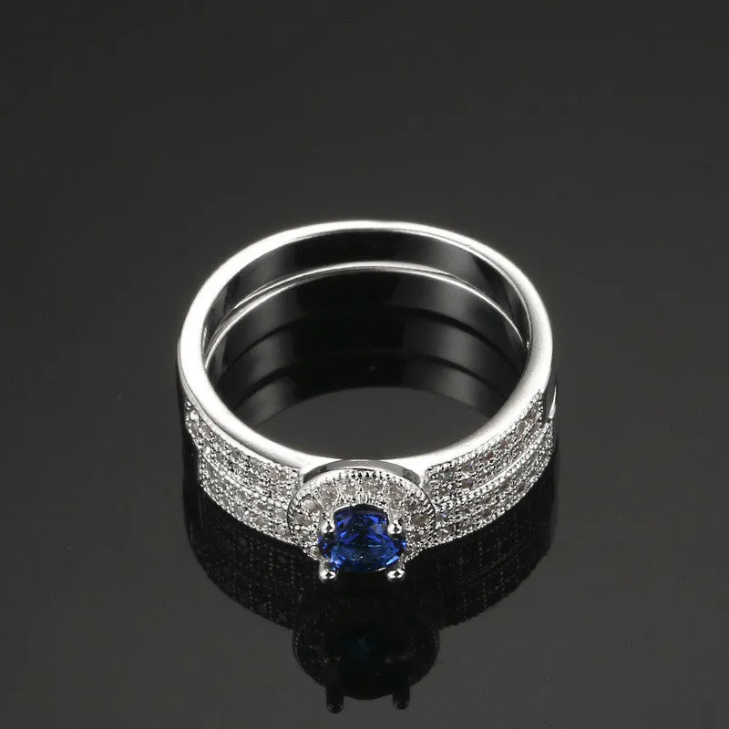 Fashion 18K White Gold Plated Sapphire Ring Set Fashion Wedding & Engagement Ring Set Jewelry For Women with Austrian Crystal