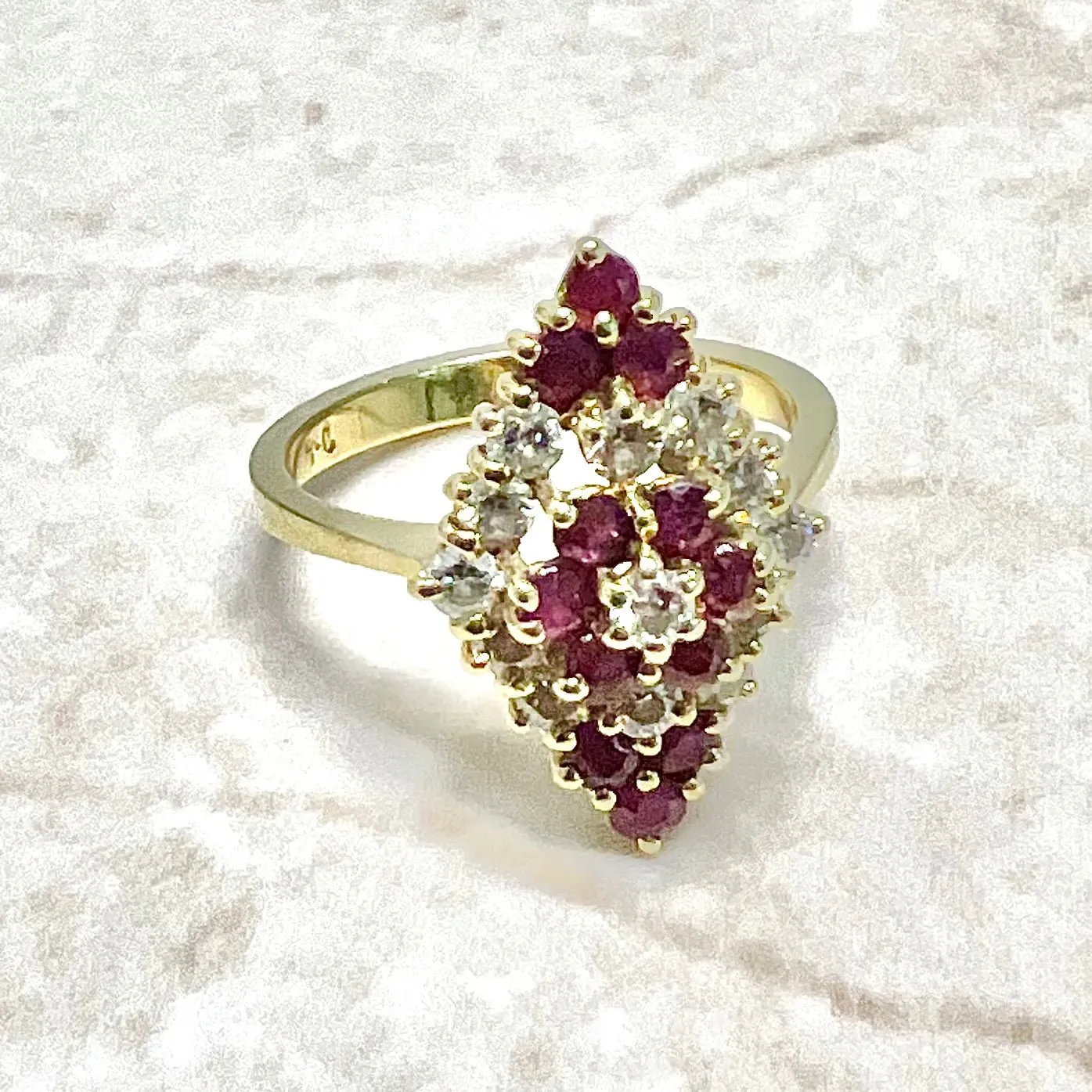 Fine Vintage 18 Karat Yellow Gold Ruby & Diamond Navette Ring