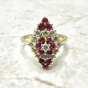 Fine Vintage 18 Karat Yellow Gold Ruby & Diamond Navette Ring