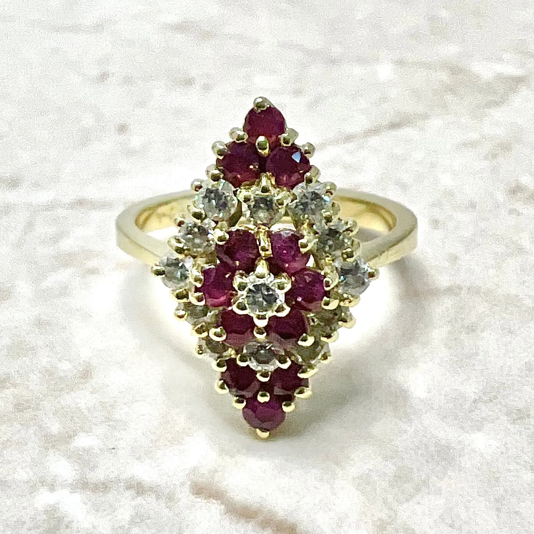 Fine Vintage 18 Karat Yellow Gold Ruby & Diamond Navette Ring