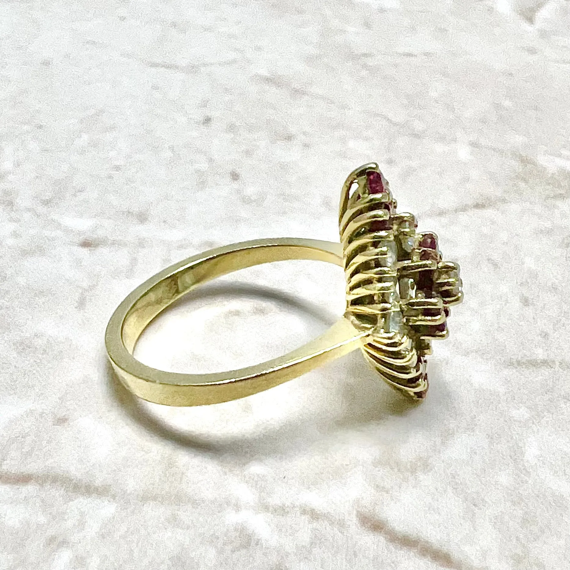 Fine Vintage 18 Karat Yellow Gold Ruby & Diamond Navette Ring