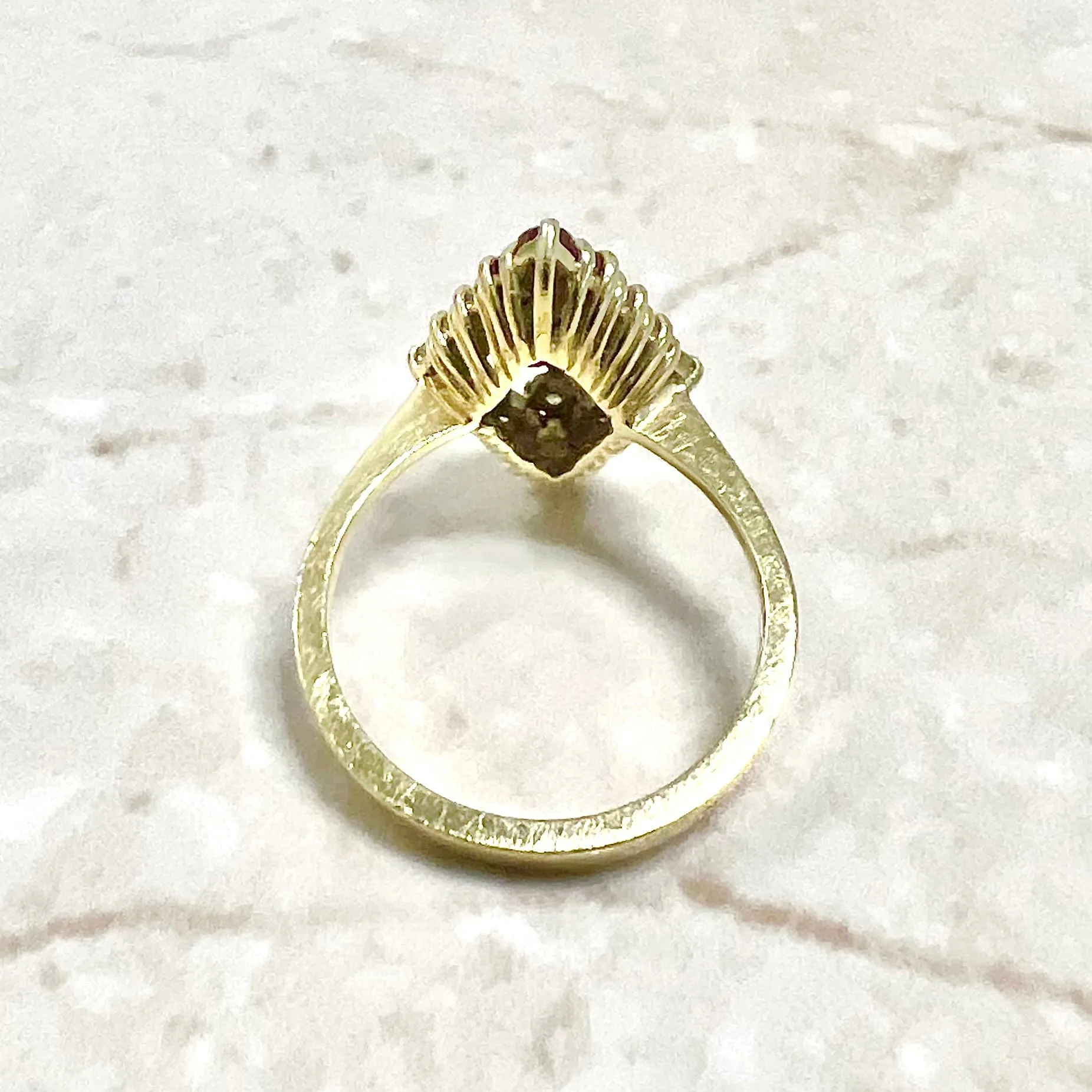 Fine Vintage 18 Karat Yellow Gold Ruby & Diamond Navette Ring