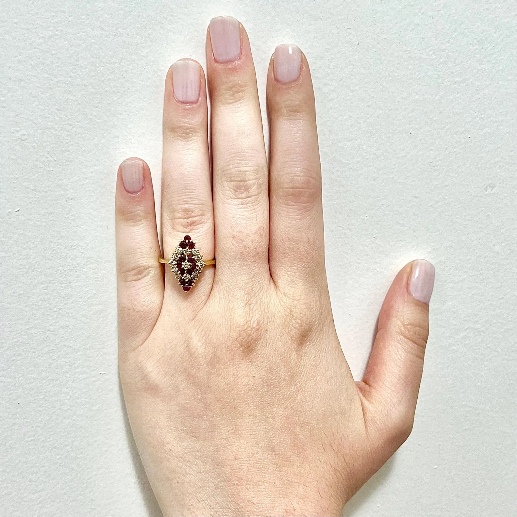 Fine Vintage 18 Karat Yellow Gold Ruby & Diamond Navette Ring
