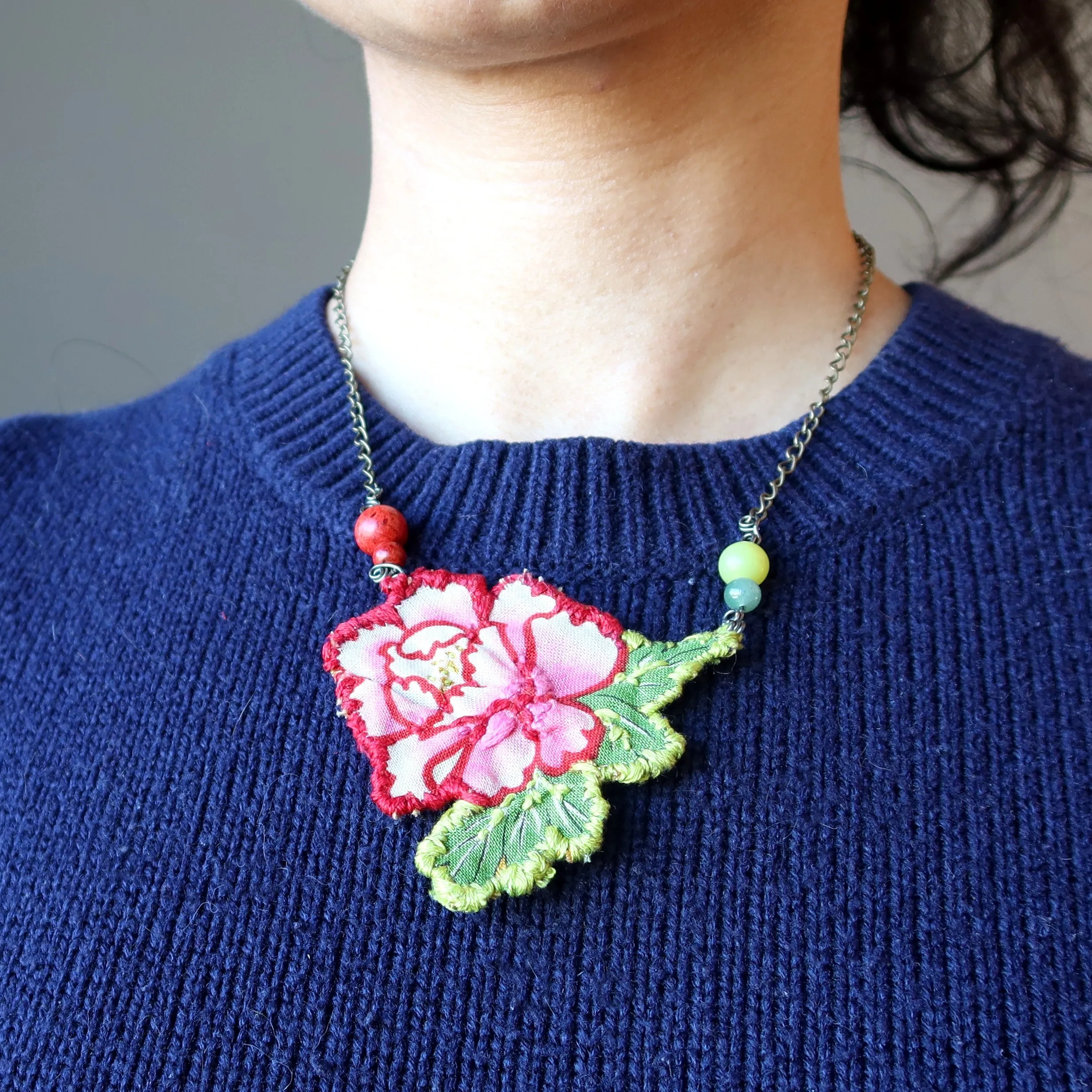 Flower Embroidered Necklace Red Coral Green Aventurine Serpentine