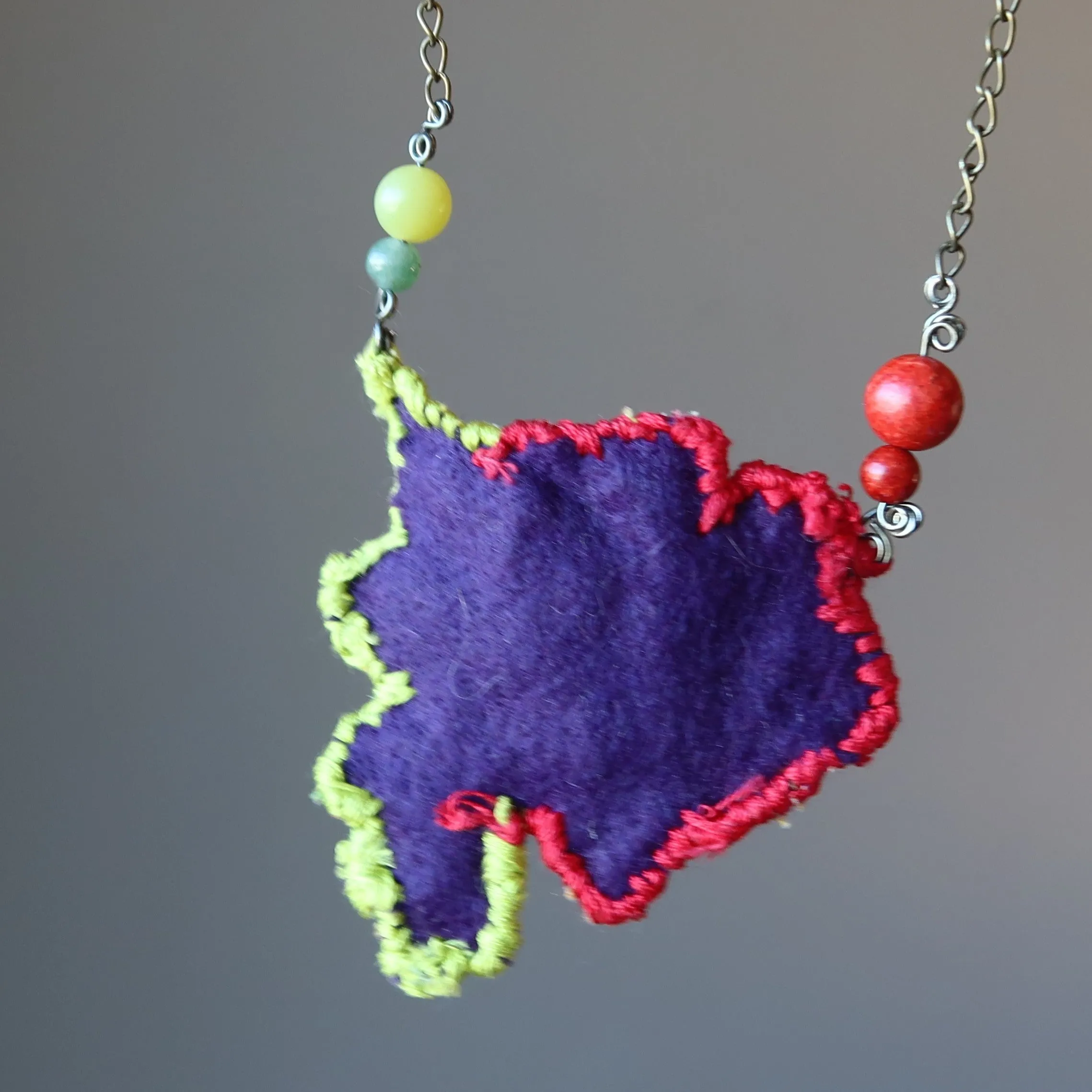 Flower Embroidered Necklace Red Coral Green Aventurine Serpentine