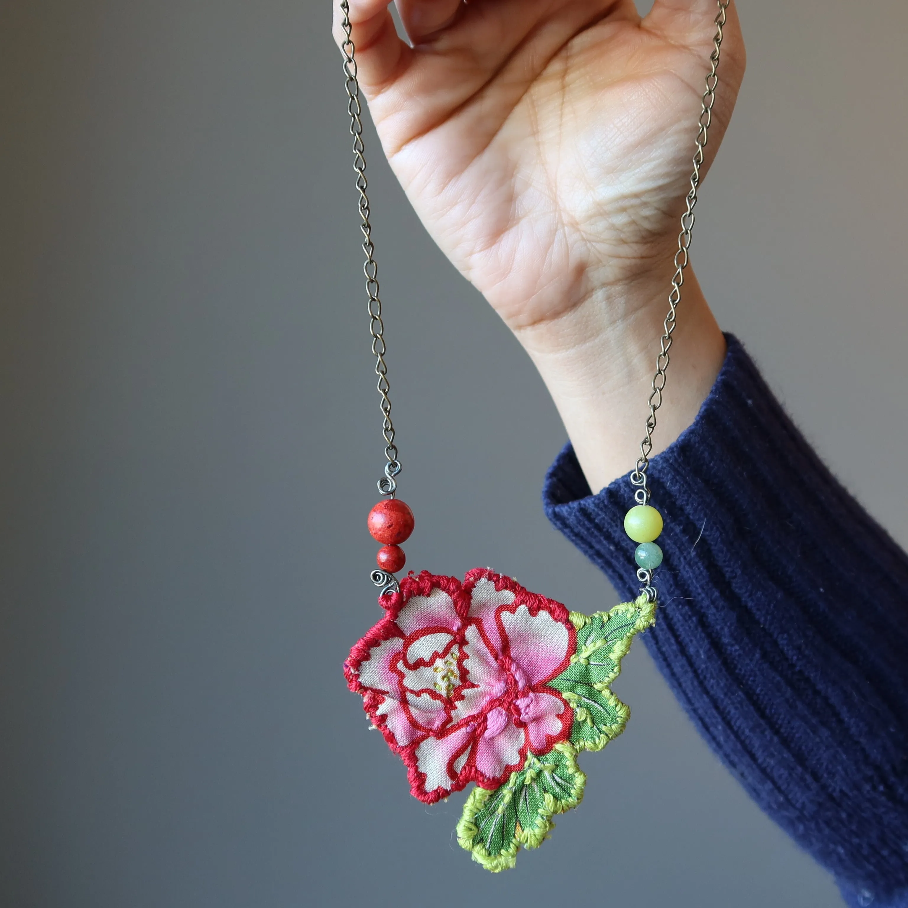 Flower Embroidered Necklace Red Coral Green Aventurine Serpentine