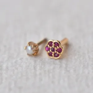 Freshwater Pearl & Natural Gemstone Double Sided Stud, 14K