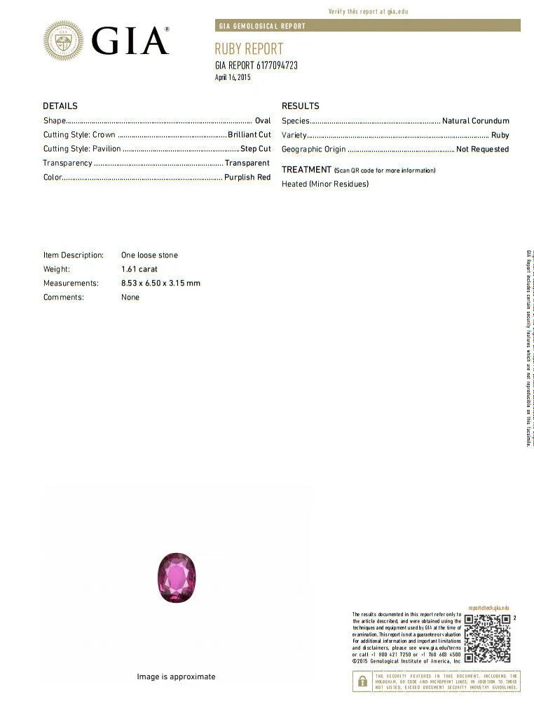 GIA Certified 1.61ct oval cut purple red ruby 1.01ct diamonds ring 18kt