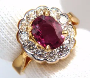 GIA Certified 1.61ct oval cut purple red ruby 1.01ct diamonds ring 18kt