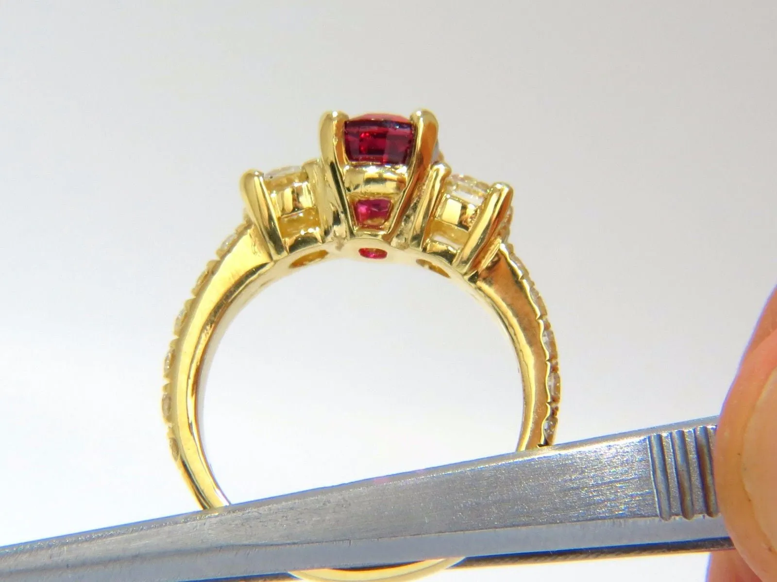 GIA Certified 2.12ct cushion cut vivid red ruby 1.06ct diamonds ring 18kt