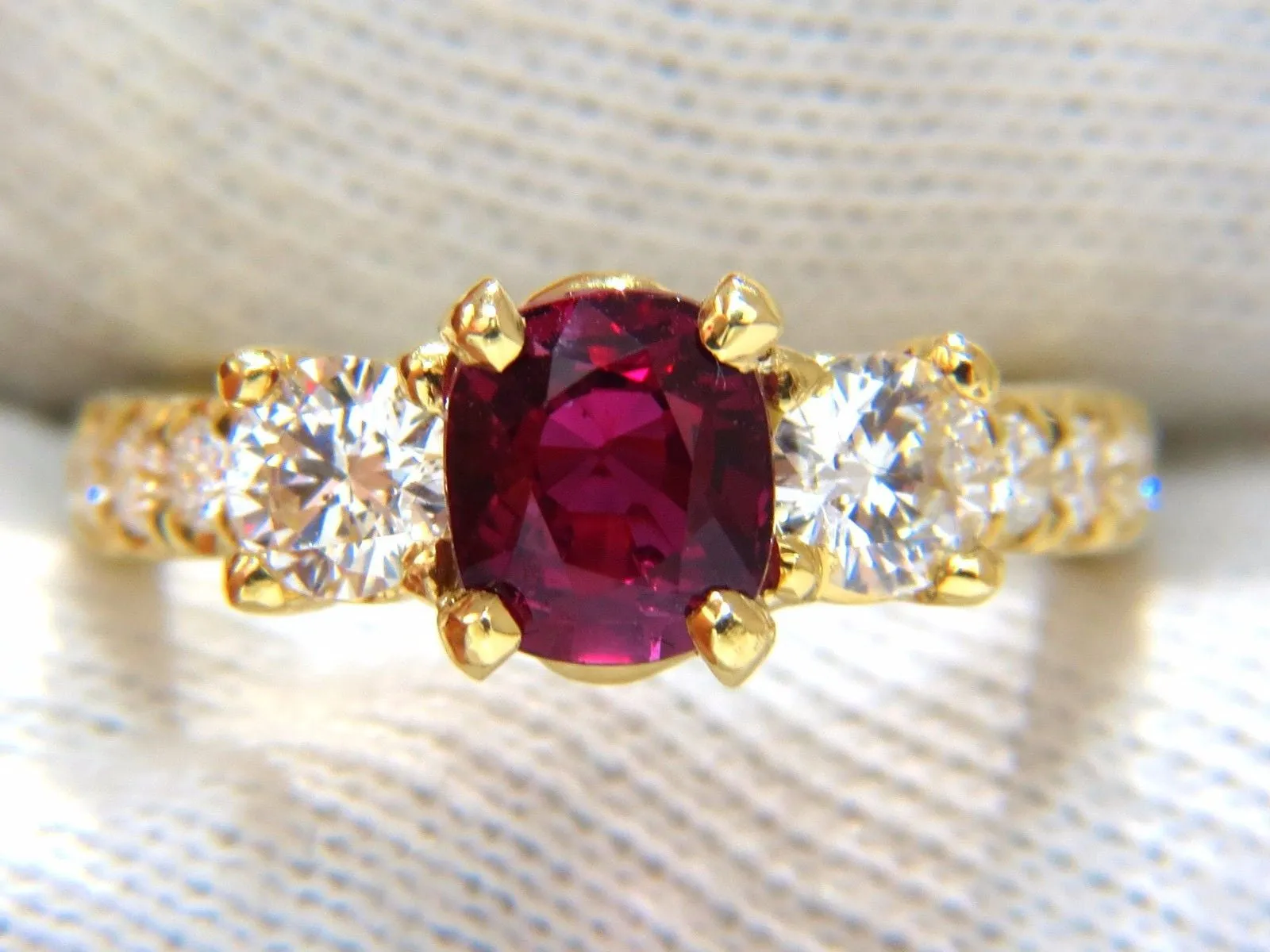 GIA Certified 2.12ct cushion cut vivid red ruby 1.06ct diamonds ring 18kt