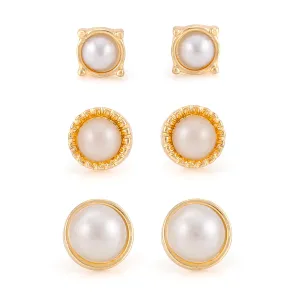 GOLD AND CREAM PERL SET OF 3 GRADUATED SIZE STUD EARRINGS #SQ5109
