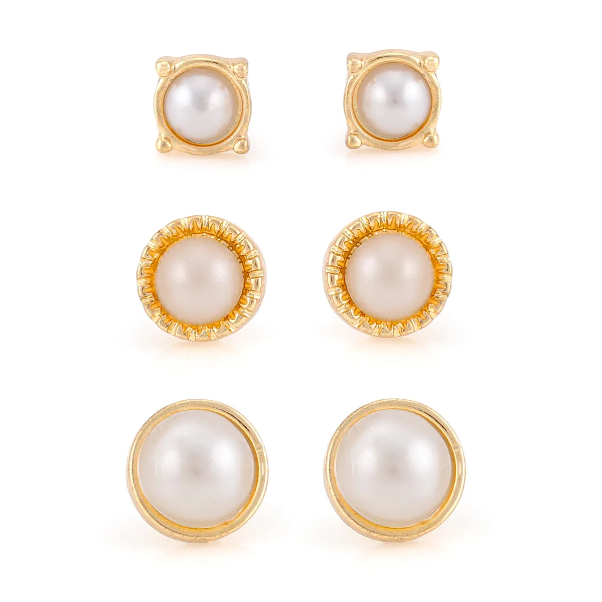 GOLD AND CREAM PERL SET OF 3 GRADUATED SIZE STUD EARRINGS #SQ5109