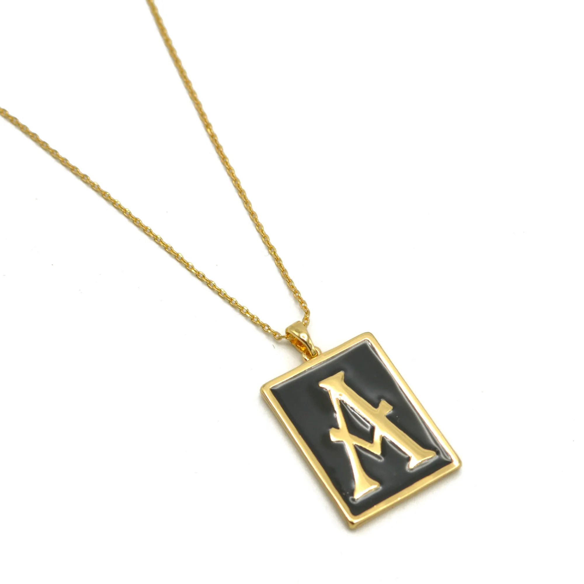 GOLD BLACK INITIAL LETTER (A) RECTANGLE PENDANT SHORT CHAIN NECKLACE #HNN90739-A