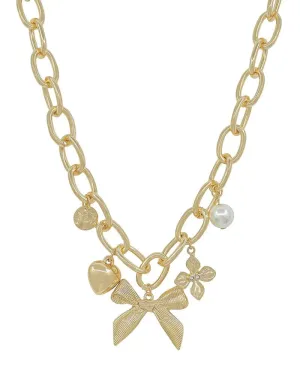 Gold Bow Chunky Charm Necklace