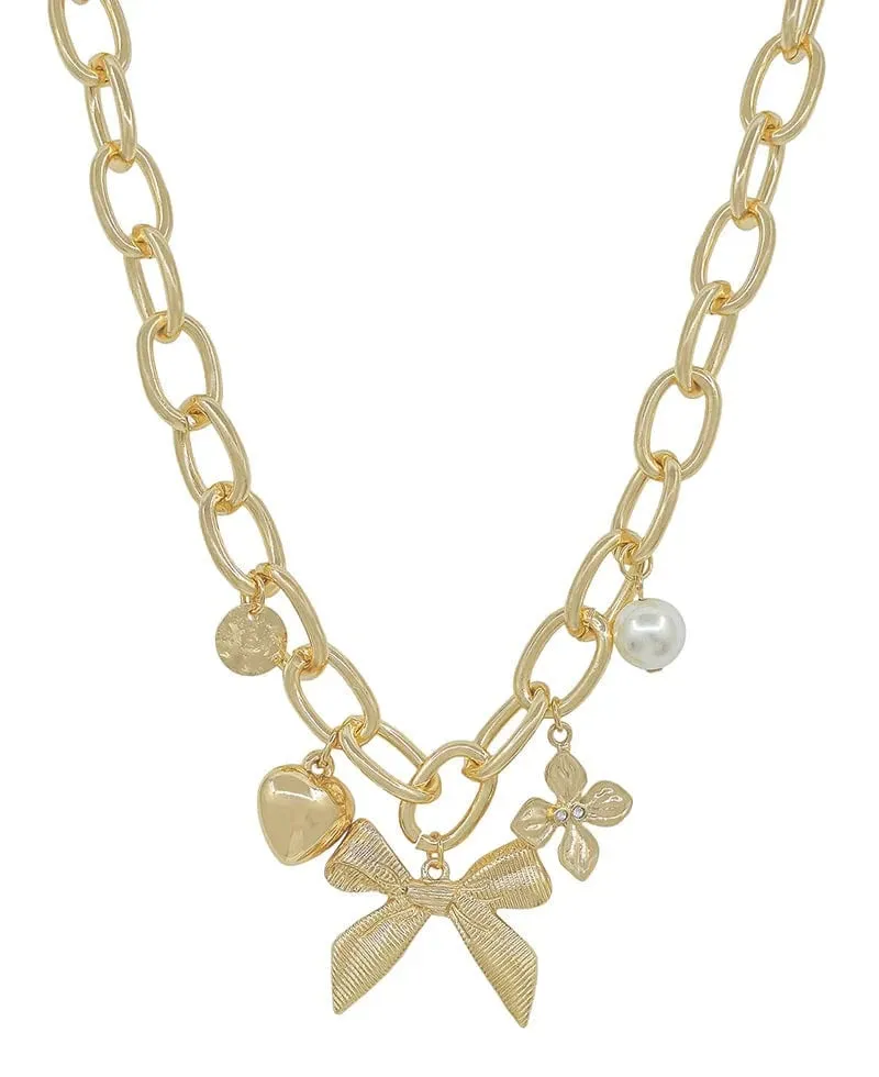 Gold Bow Chunky Charm Necklace