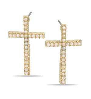 GOLD CREAM PEARL CROSS STUD EARRING #SWKK-3395 (HD17)