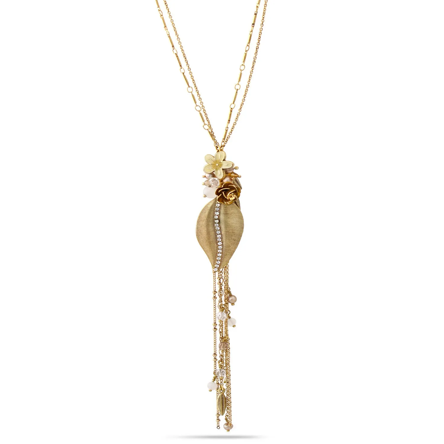 GOLD FLOWER AND LEAVES CRYSTAL TASSEL  NECKLACES #194NT1401 (4E2)