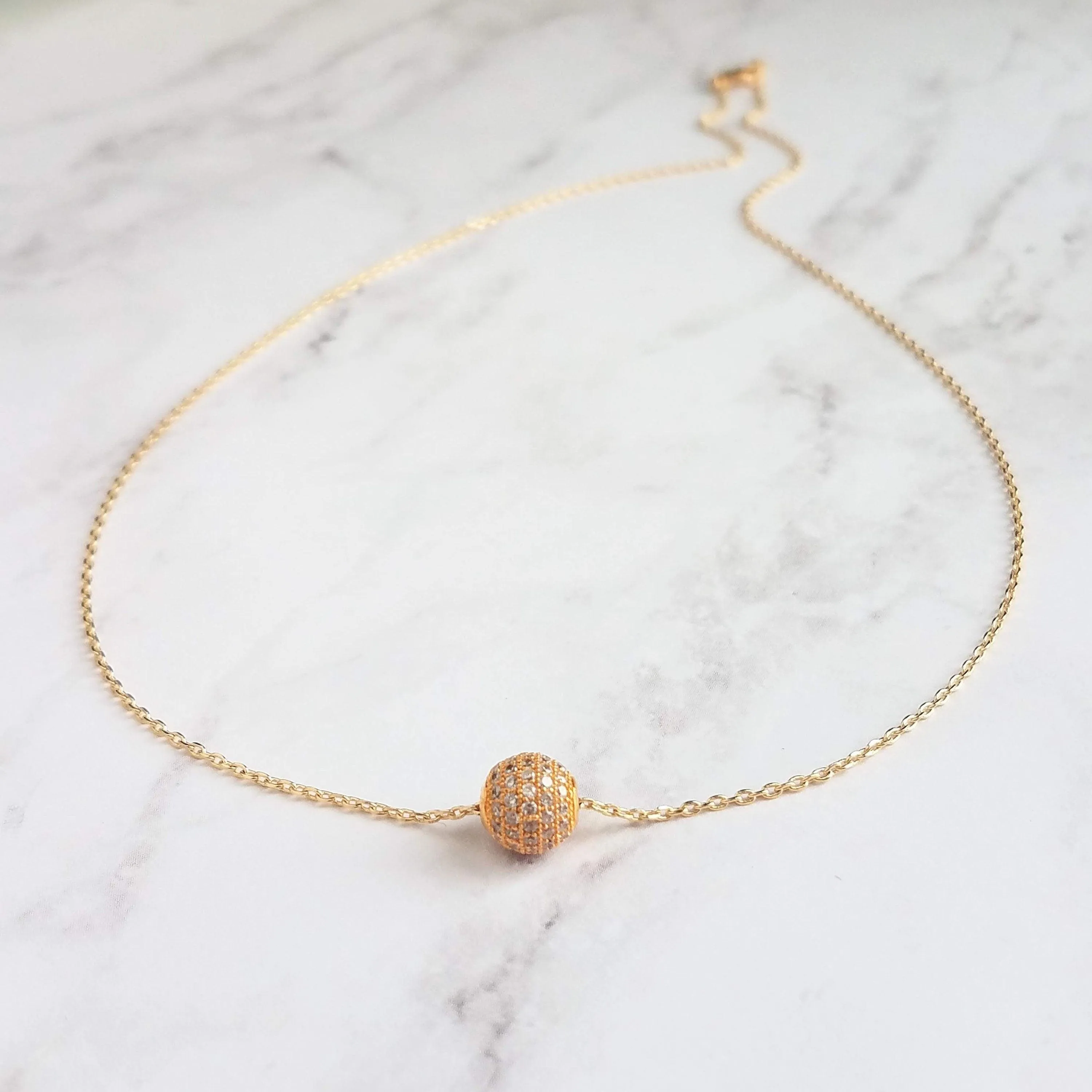 Gold Pave Ball Necklace, round crystal slider, thin gold chain, diamond ball, crystal ball bead, tiny faux diamond, 8mm cubic zirconia cz