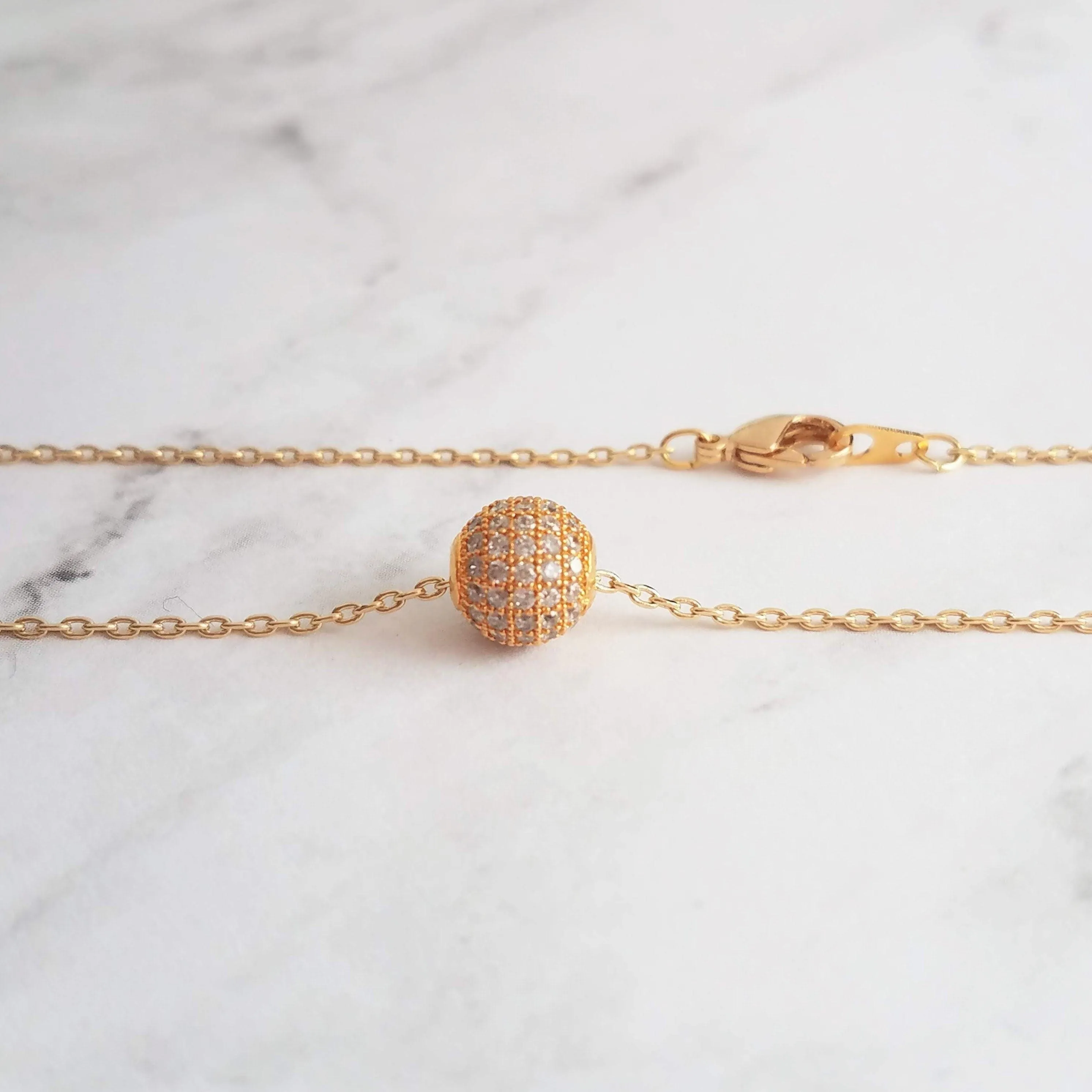 Gold Pave Ball Necklace, round crystal slider, thin gold chain, diamond ball, crystal ball bead, tiny faux diamond, 8mm cubic zirconia cz