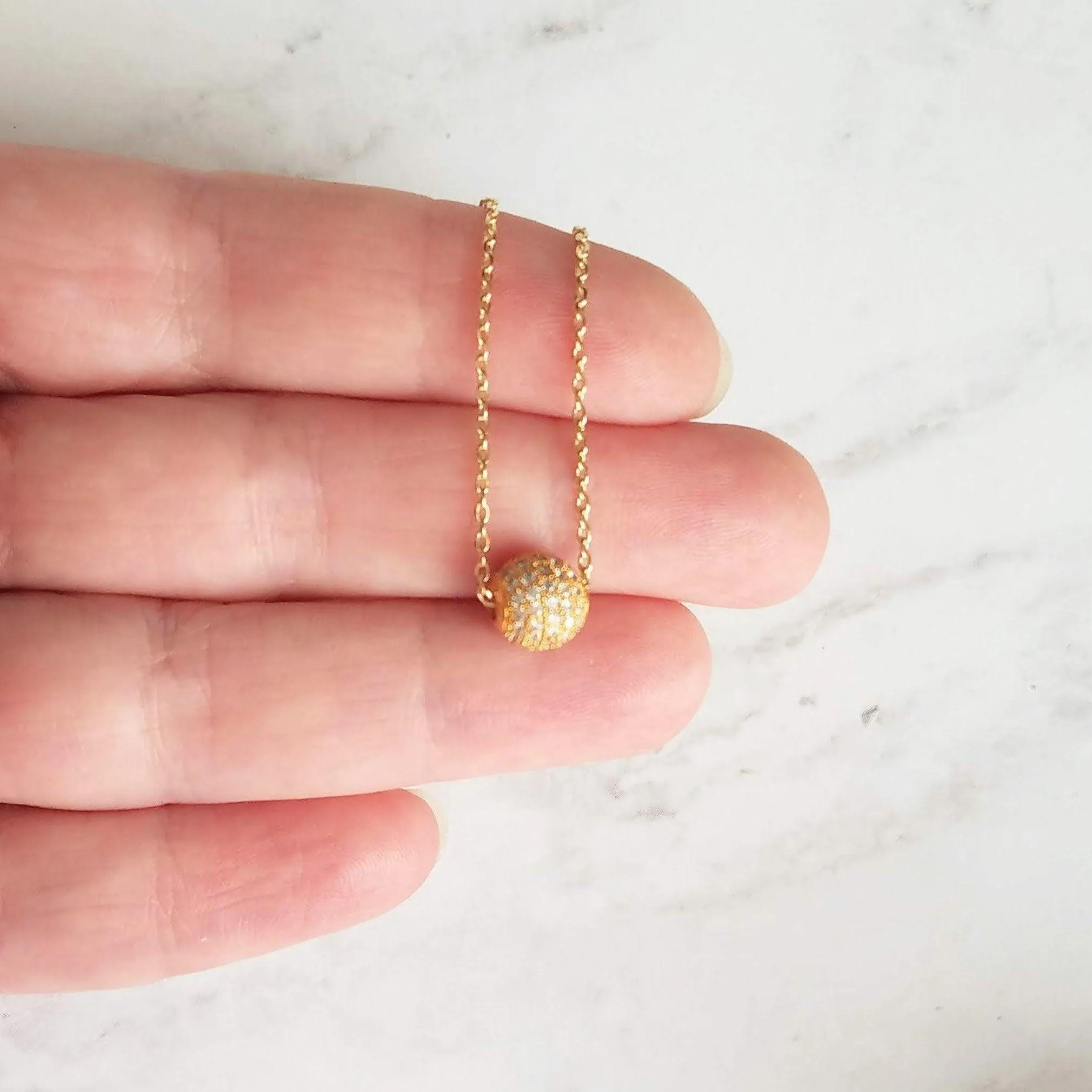 Gold Pave Ball Necklace, round crystal slider, thin gold chain, diamond ball, crystal ball bead, tiny faux diamond, 8mm cubic zirconia cz