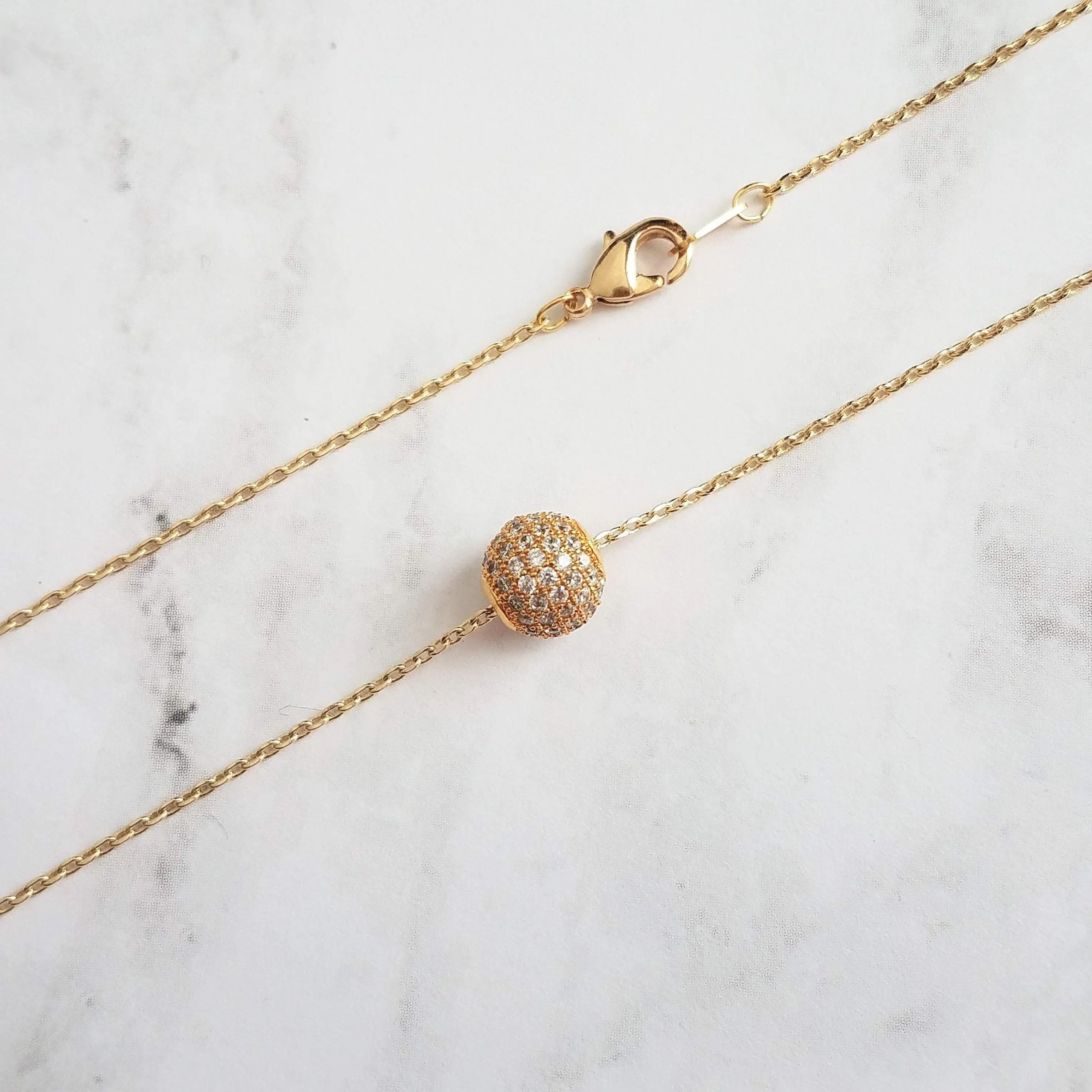 Gold Pave Ball Necklace, round crystal slider, thin gold chain, diamond ball, crystal ball bead, tiny faux diamond, 8mm cubic zirconia cz