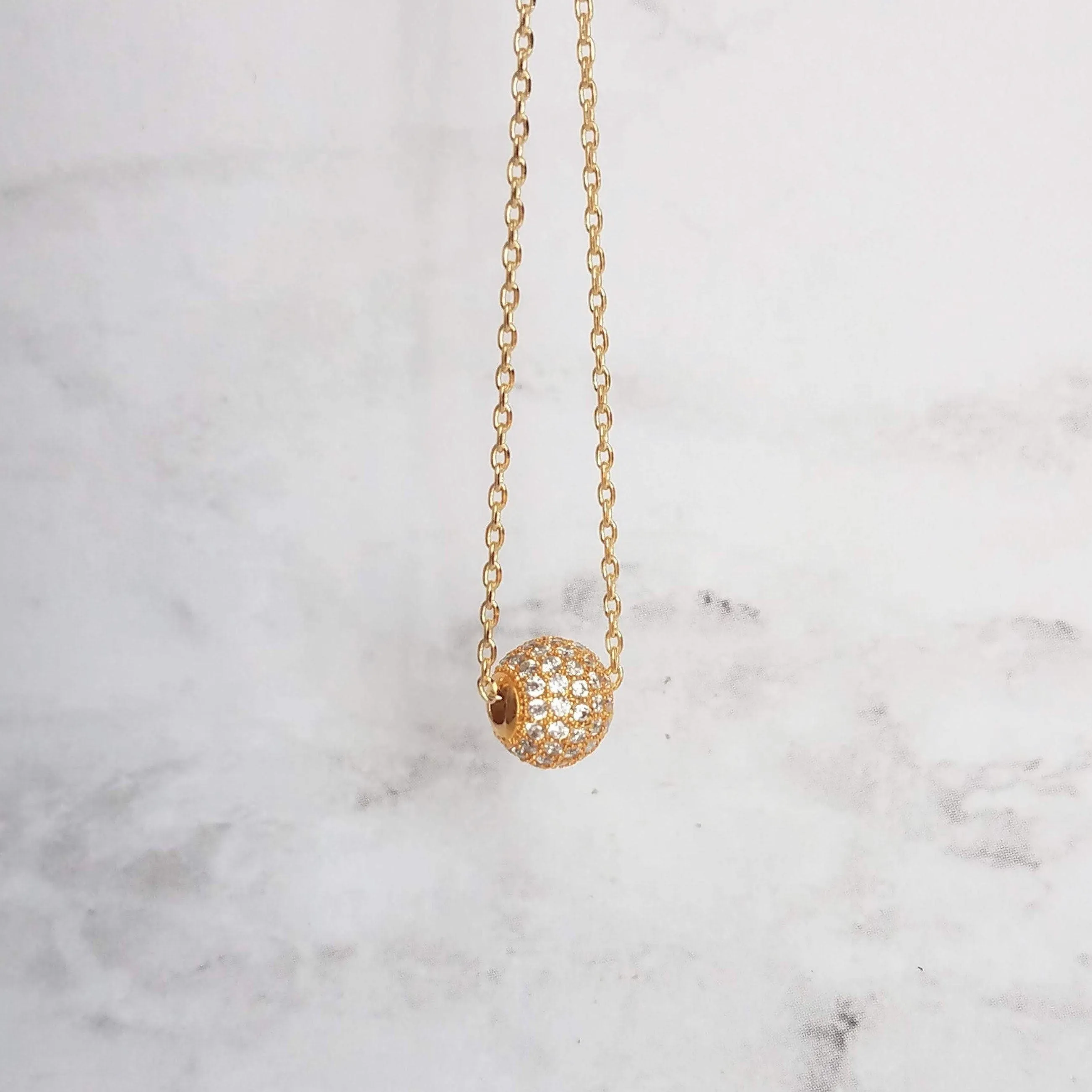 Gold Pave Ball Necklace, round crystal slider, thin gold chain, diamond ball, crystal ball bead, tiny faux diamond, 8mm cubic zirconia cz