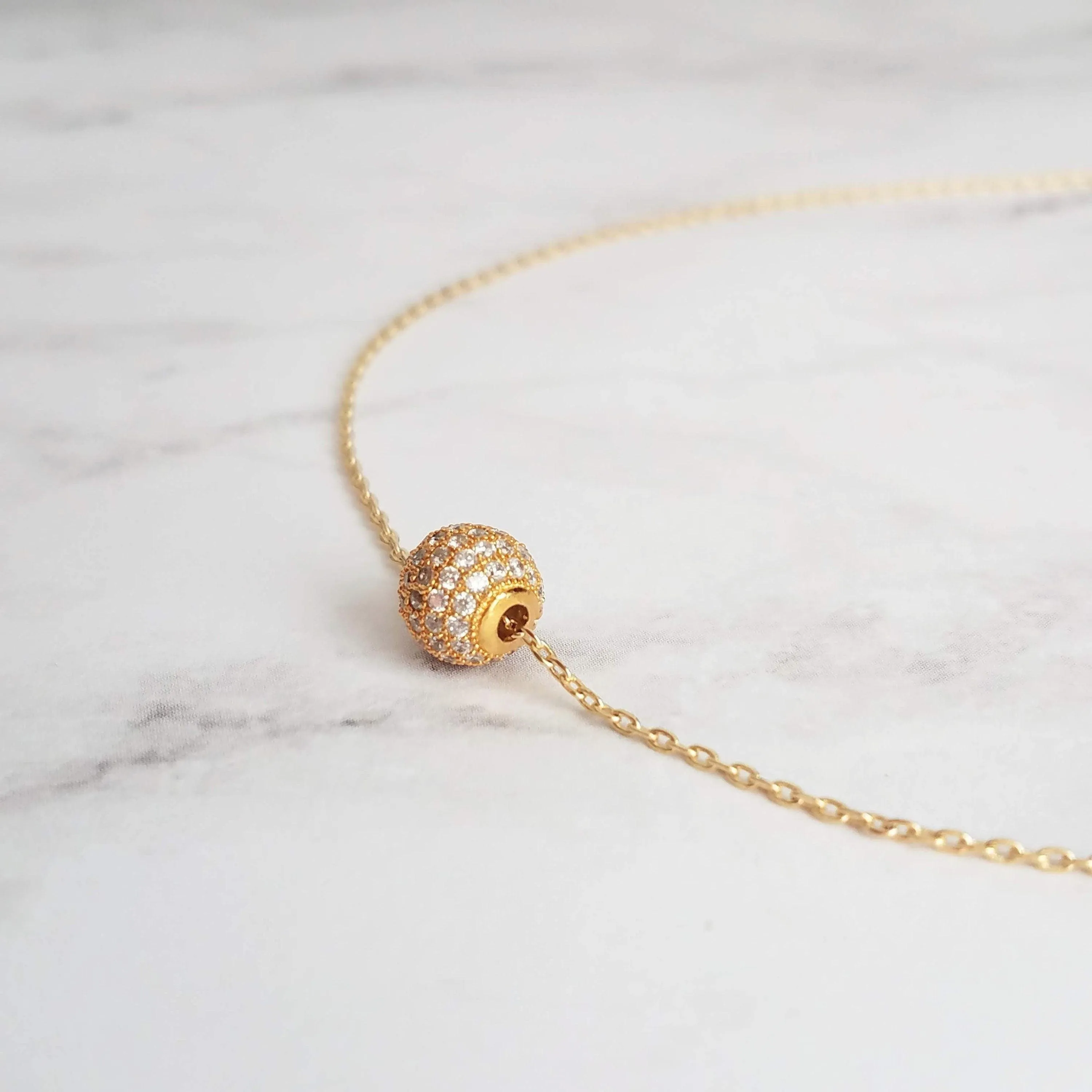 Gold Pave Ball Necklace, round crystal slider, thin gold chain, diamond ball, crystal ball bead, tiny faux diamond, 8mm cubic zirconia cz