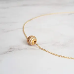 Gold Pave Ball Necklace, round crystal slider, thin gold chain, diamond ball, crystal ball bead, tiny faux diamond, 8mm cubic zirconia cz