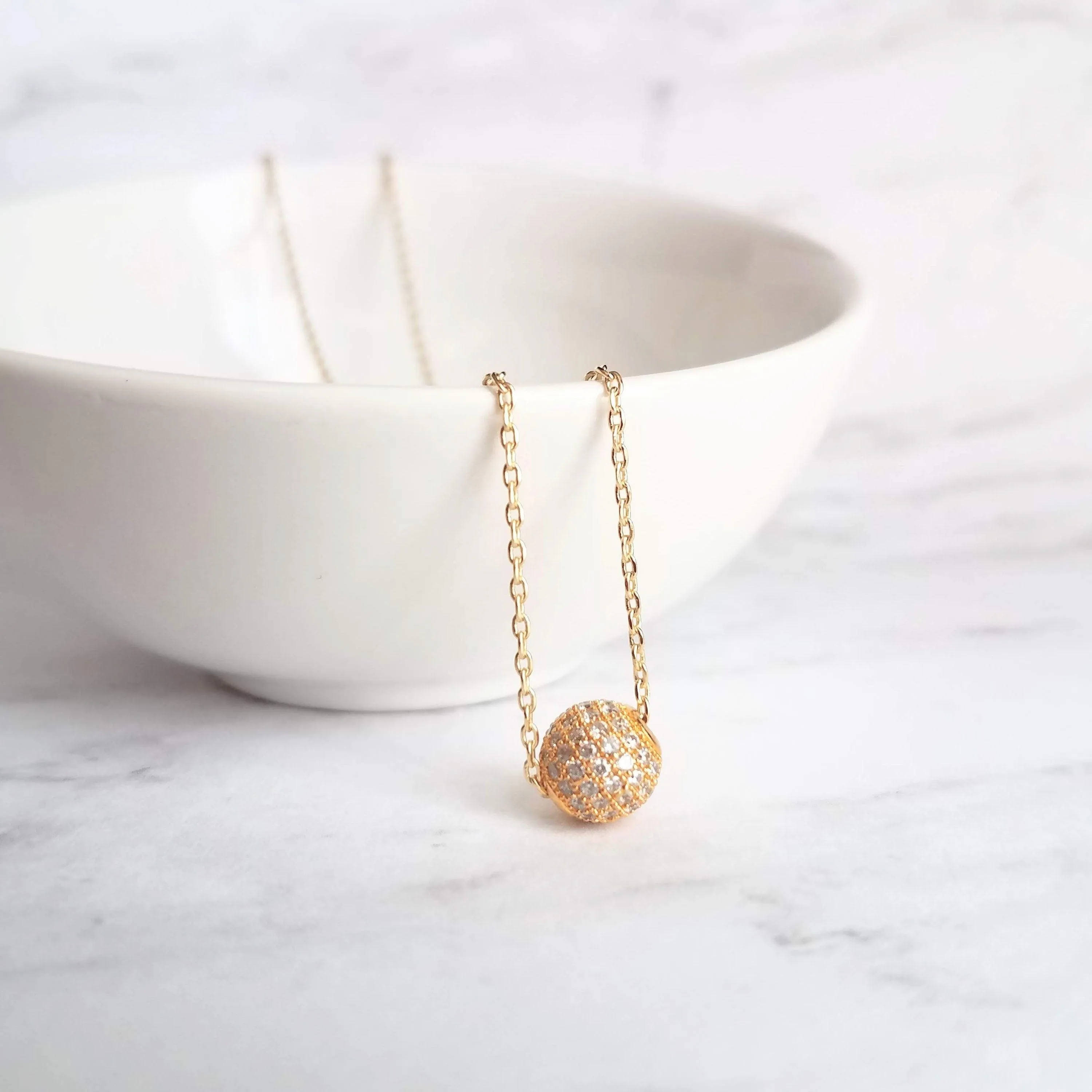 Gold Pave Ball Necklace, round crystal slider, thin gold chain, diamond ball, crystal ball bead, tiny faux diamond, 8mm cubic zirconia cz