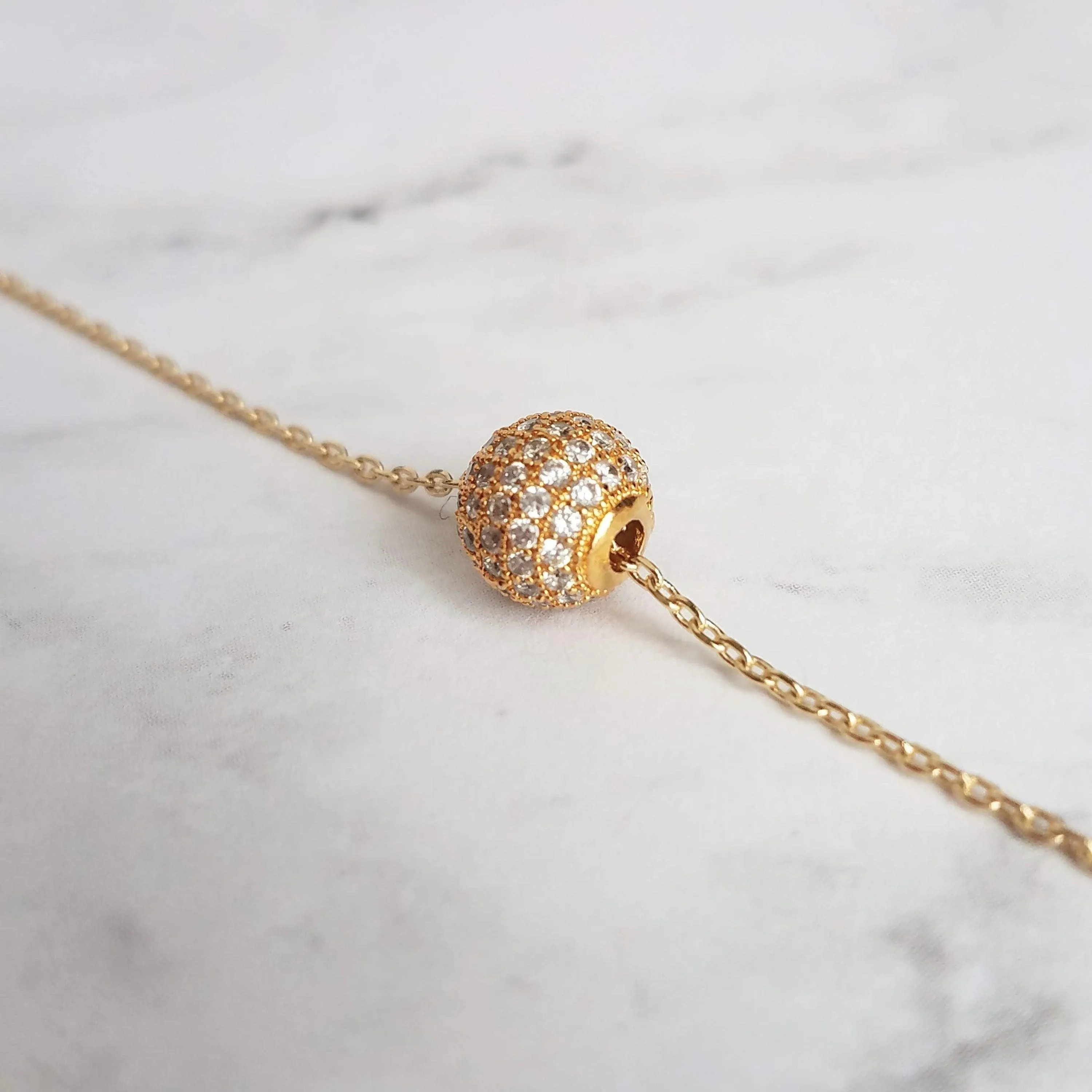 Gold Pave Ball Necklace, round crystal slider, thin gold chain, diamond ball, crystal ball bead, tiny faux diamond, 8mm cubic zirconia cz