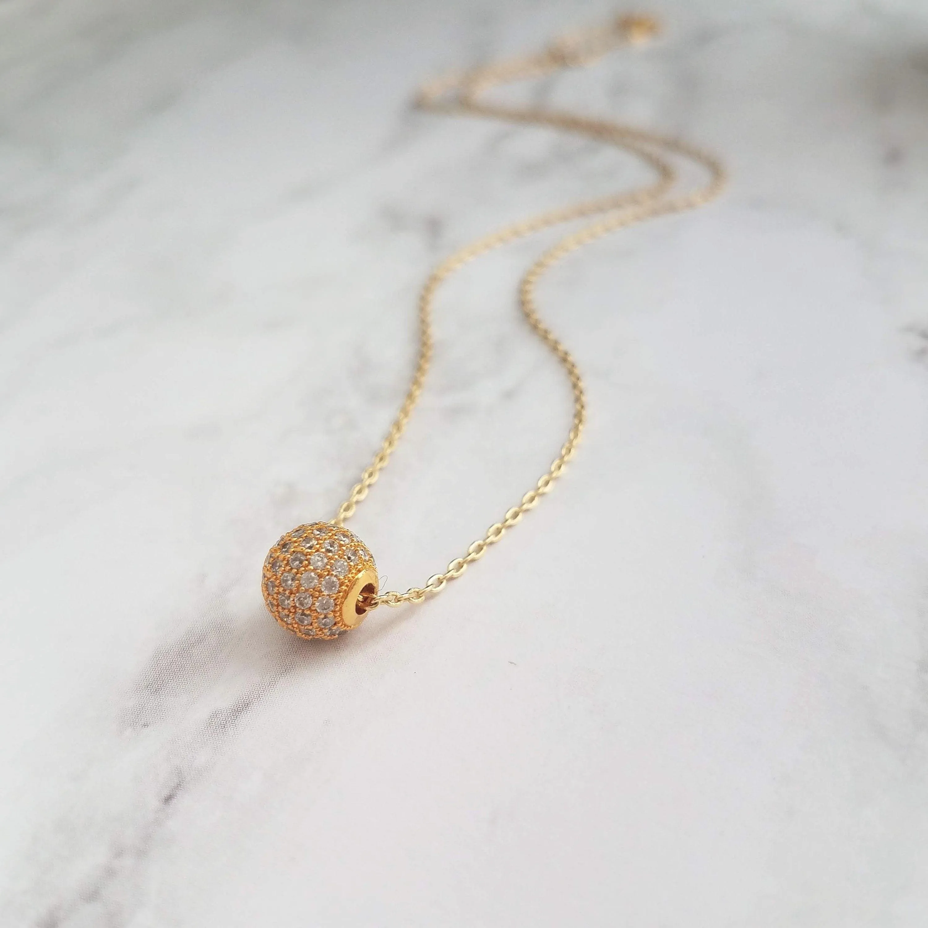 Gold Pave Ball Necklace, round crystal slider, thin gold chain, diamond ball, crystal ball bead, tiny faux diamond, 8mm cubic zirconia cz