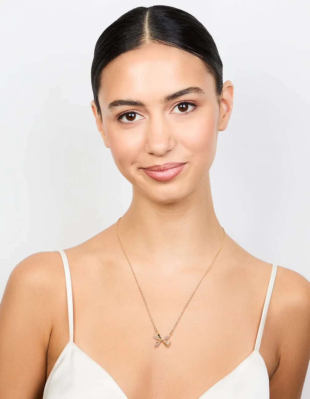Gold Plated Diamante Pave Chunky Bow Necklace