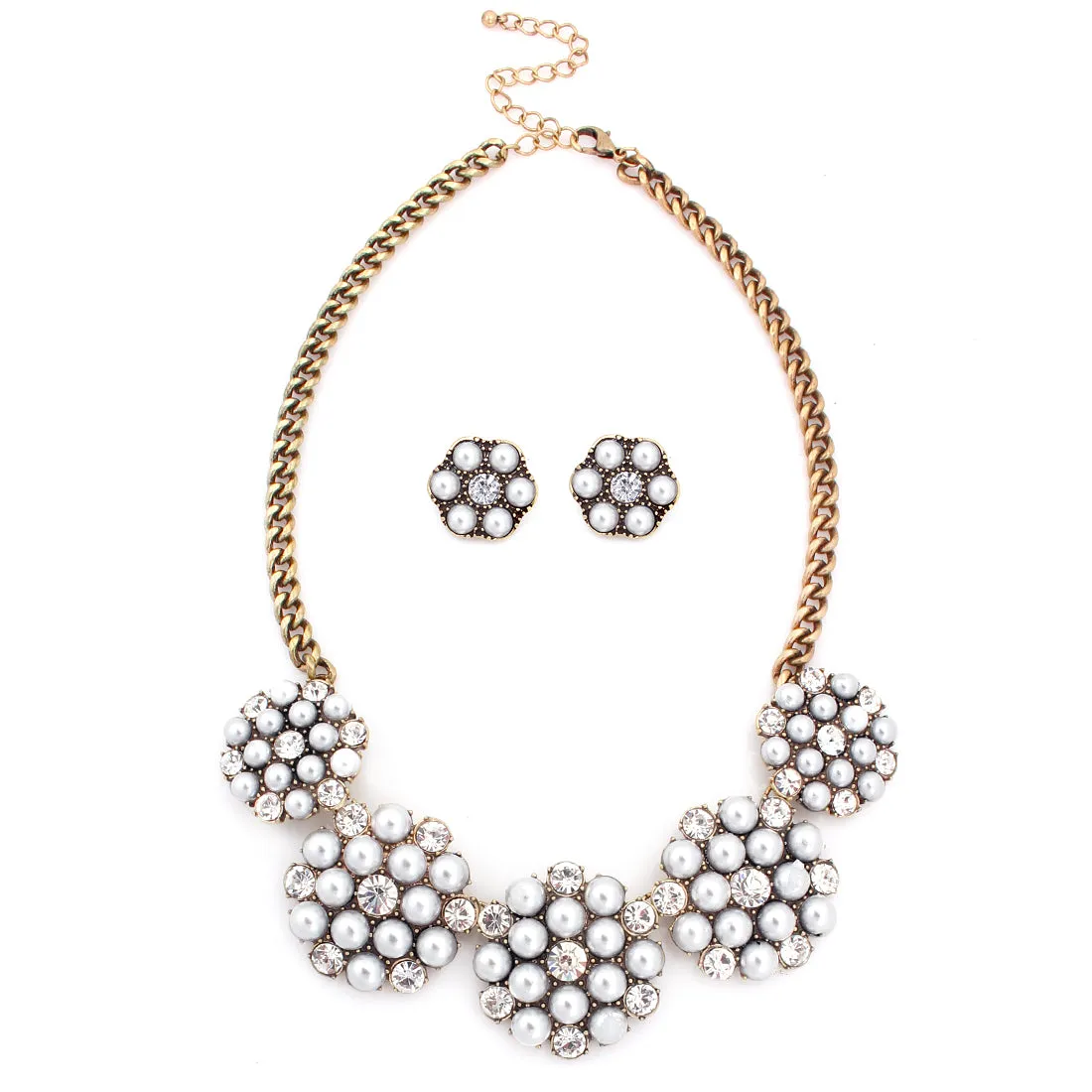GOLD-WHITE PEARL WITH BEAD CRYSTAL NECKLACE AND EARRING SET  #FW1404678