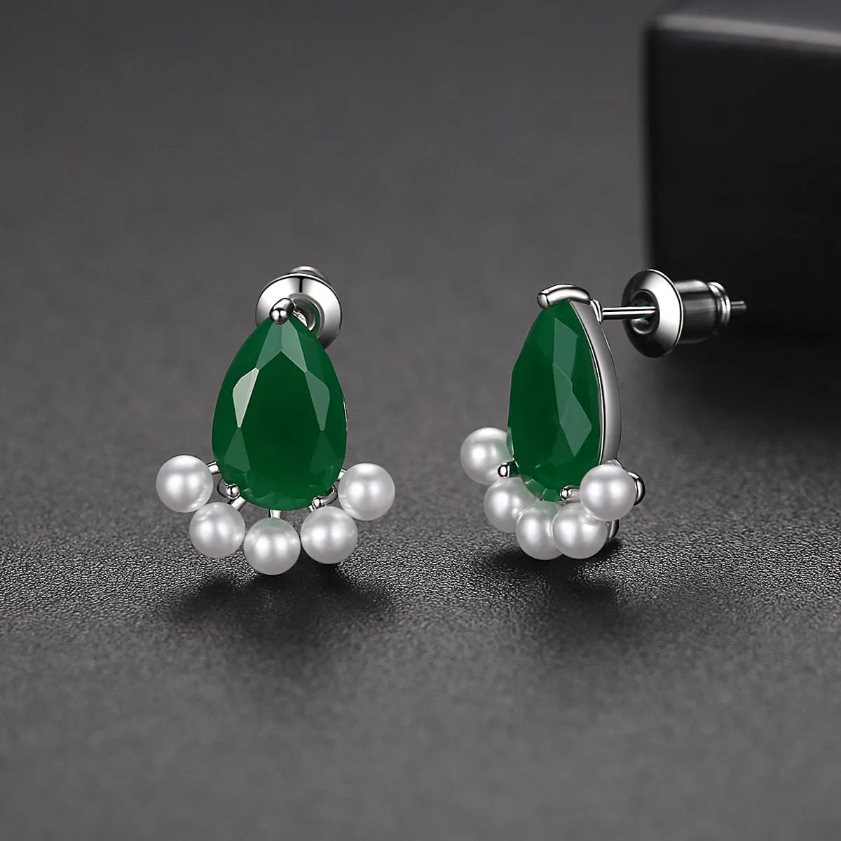 Green Crystal & Pearl Silver-Plated Teardrop Stud Earrings