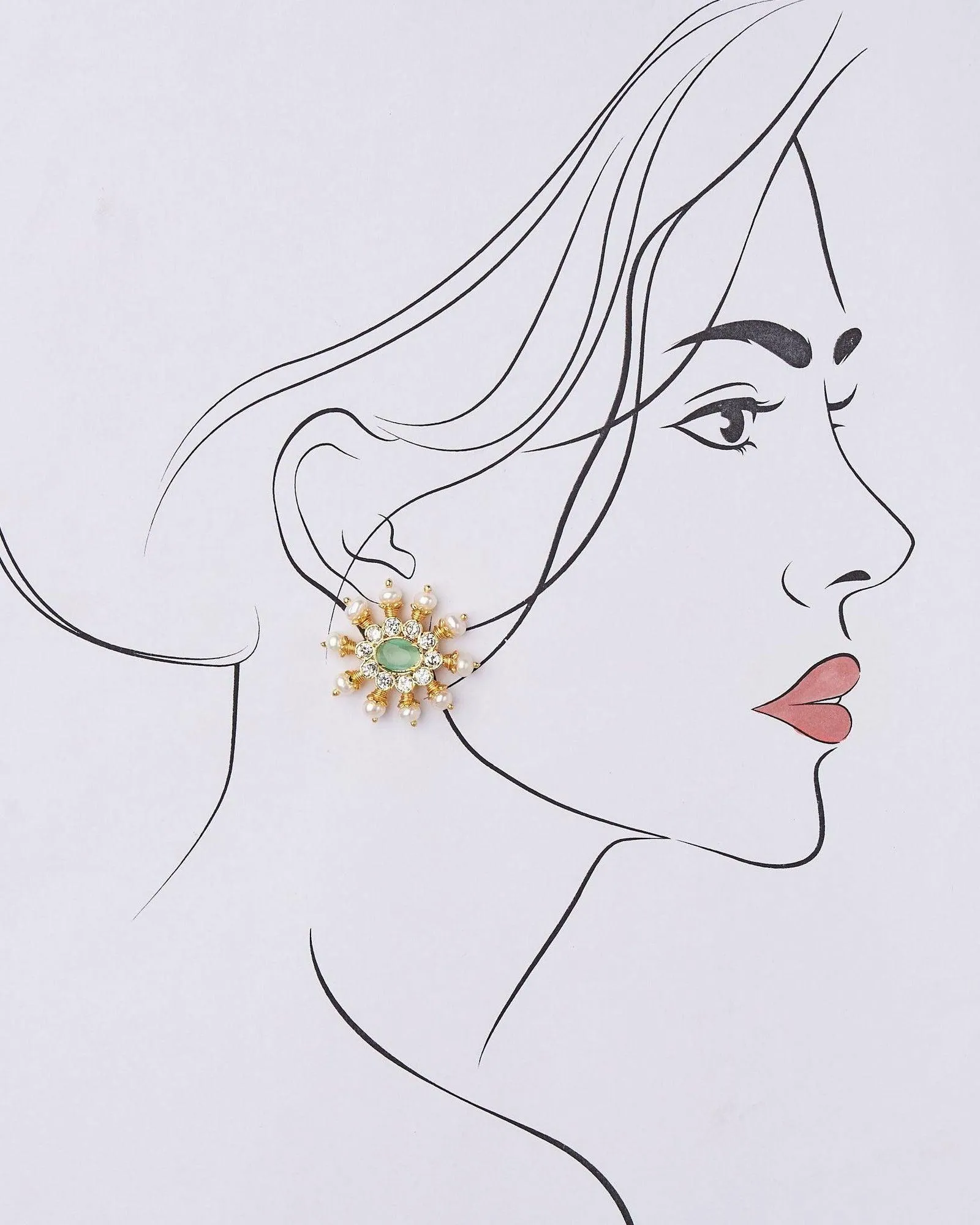 Green White Sun Spokes Pearl Ear Studs