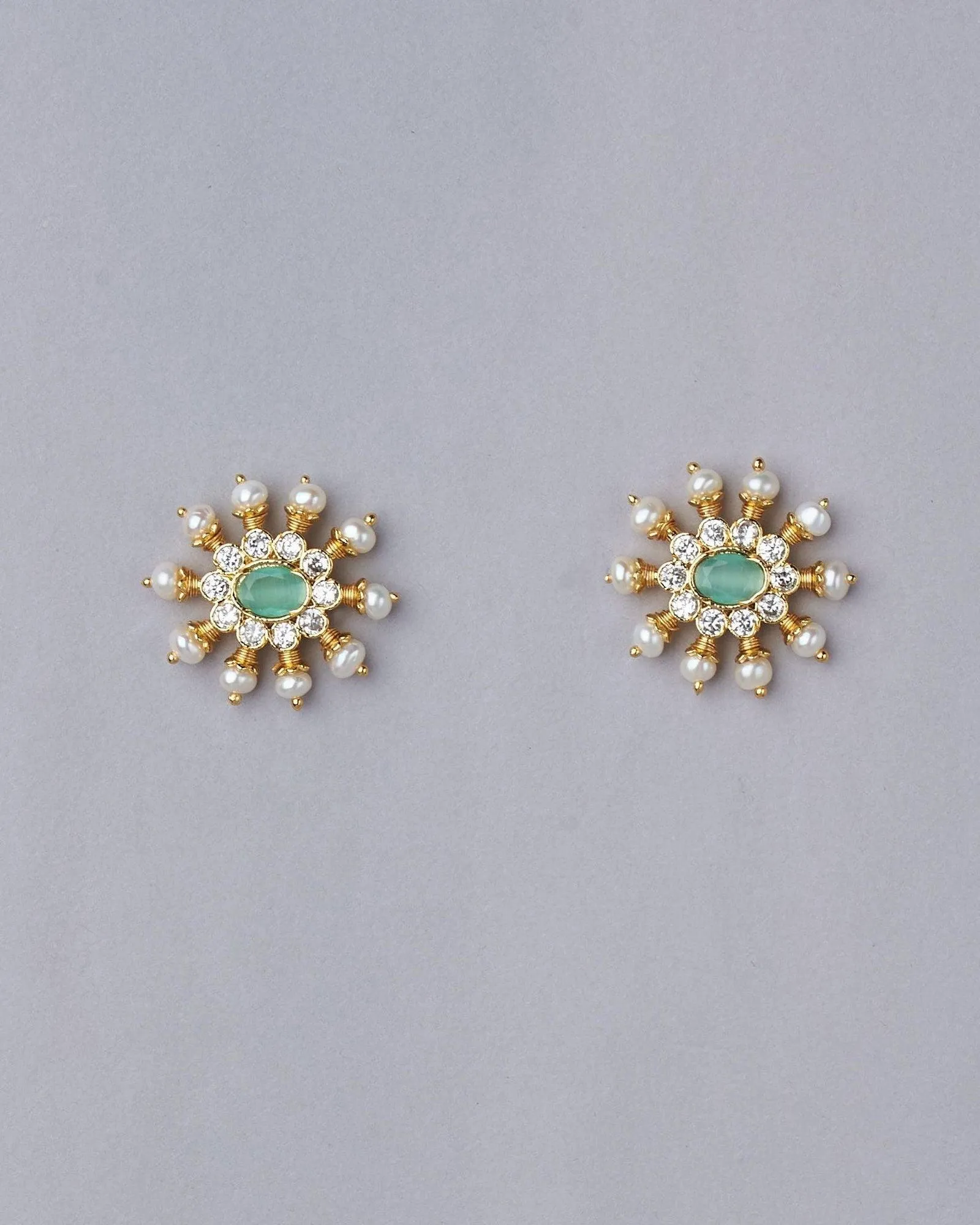 Green White Sun Spokes Pearl Ear Studs