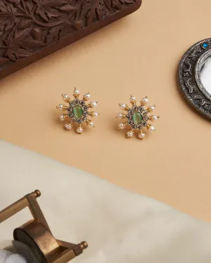 Green White Sun Spokes Pearl Ear Studs